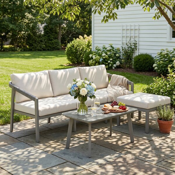 Outsunny Set giardino 3 pezzi con divano, poggiapiedi e tavolino, Marrone e Beige | Aosom Italy