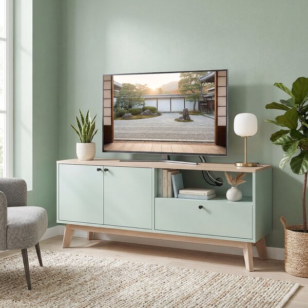 HOMCOM Mobile TV 120 cm con 2 ante, cassetto e vano aperto, Verde chiaro | Aosom Italy