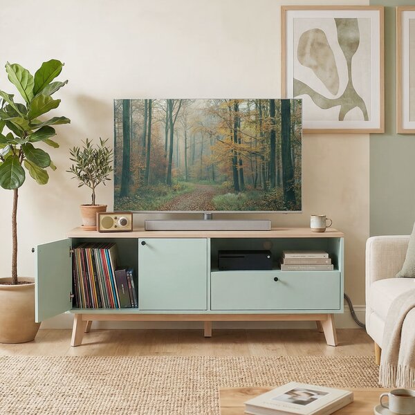 HOMCOM Mobile TV 120 cm con 2 ante, cassetto e vano aperto, Verde chiaro | Aosom Italy