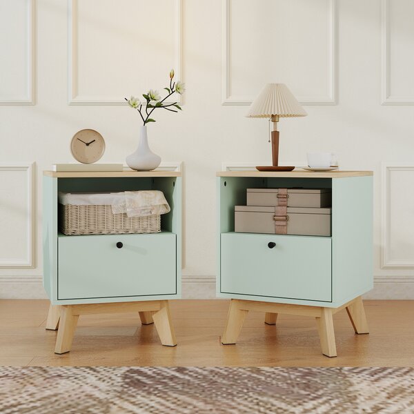 HOMCOM Set 2 comodini con cassetto e vano aperto, 40x40x55 cm, Rovere e Verde | Aosom Italy