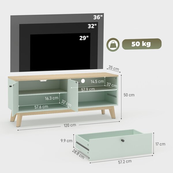 HOMCOM Mobile TV 120 cm con 2 ante, cassetto e vano aperto, Verde chiaro | Aosom Italy
