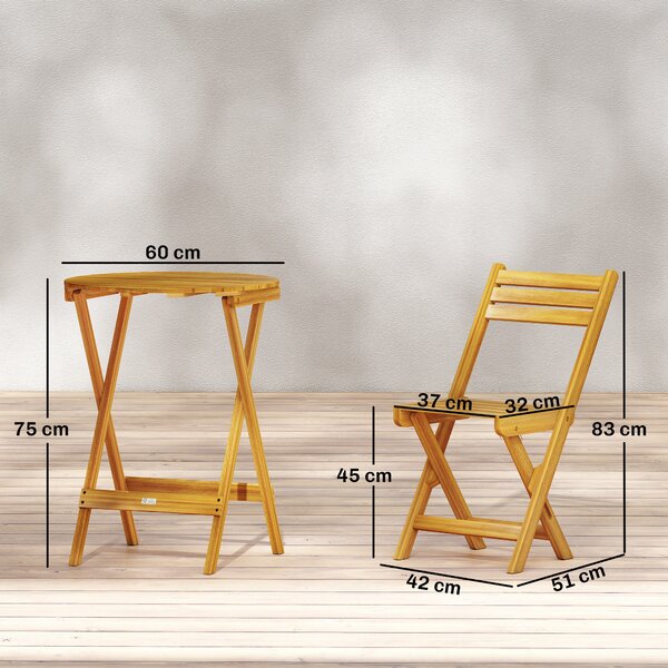 Outsunny Set bistrot pieghevole 3 pezzi in acacia con tavolo rotondo, Legno naturale | Aosom Italy