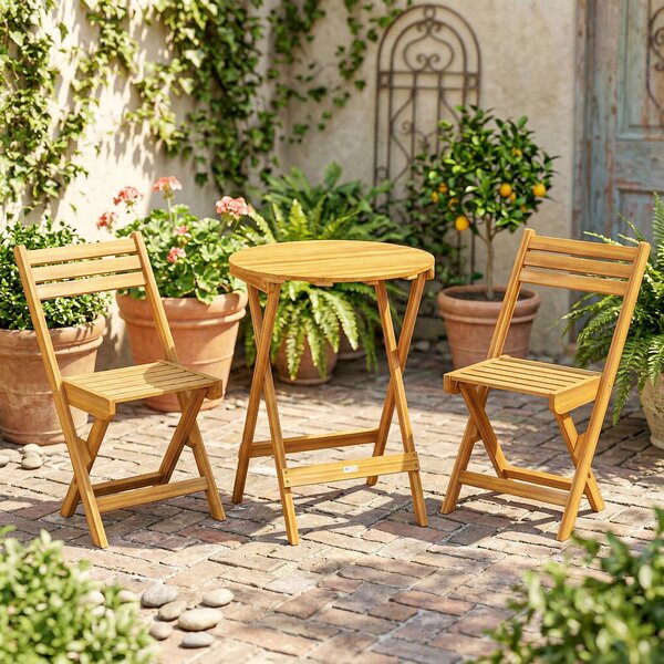 Outsunny Set bistrot pieghevole 3 pezzi in acacia con tavolo rotondo, Legno naturale | Aosom Italy