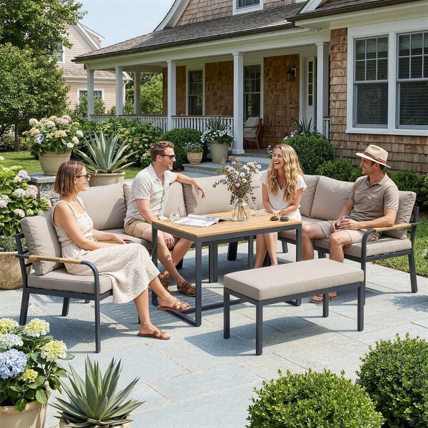 Outsunny Salotto giardino 7 pezzi modulare con tavolo WPC e pouf, Beige e Grigio | Aosom Italy
