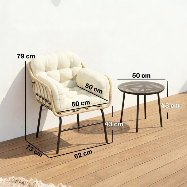 Outsunny Set giardino 3 pezzi con tavolo e 2 sedie in resina intrecciata con cuscini, 62x73x79 cm, Kaki | Aosom Italy