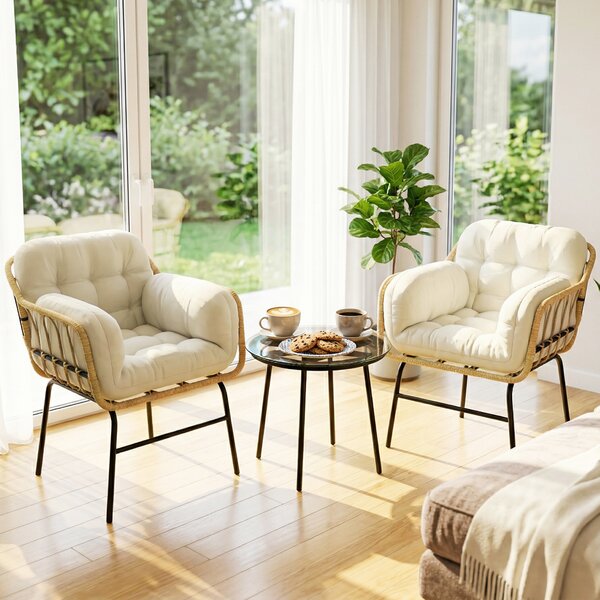 Outsunny Set giardino 3 pezzi con tavolo e 2 sedie in resina intrecciata con cuscini, 62x73x79 cm, Kaki | Aosom Italy