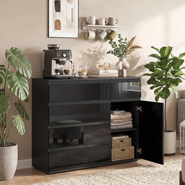 HOMCOM Madia moderna con 5 cassetti, ripiano regolabile e anta soft-close, Nero lucido | Aosom Italy