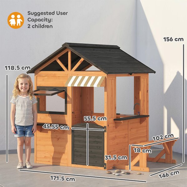 AIYAPLAY Casetta bambini legno con cucina e panca, 171,5x146x156 cm, Marrone | Aosom Italy