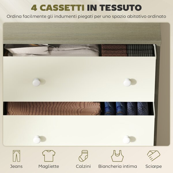 HOMCOM Armadio Moderno 4 Cassetti Pieghevoli con Maniglie Doppie, Credenza in Legno, Acciaio e Tessuto, 58x30x91 cm, Bianco e Grigio | Aosom Italy