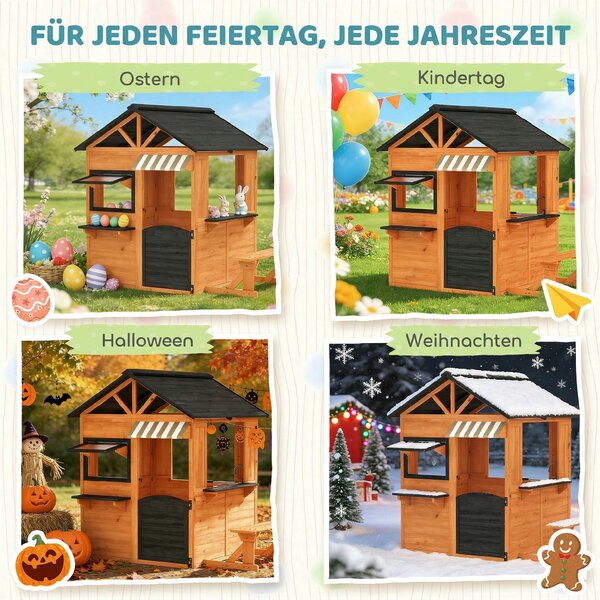 AIYAPLAY Casetta bambini legno con cucina e panca, 171,5x146x156 cm, Marrone | Aosom Italy