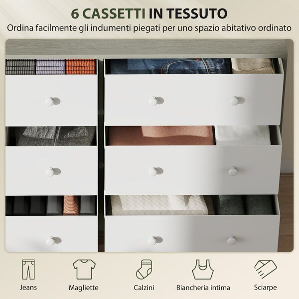 HOMCOM Cassettiera 6 Cassetti Pieghevoli con Maniglie Doppie, in Legno, Acciaio e Tessuto, 114x30x70 cm, Bianco e Grigio | Aosom Italy