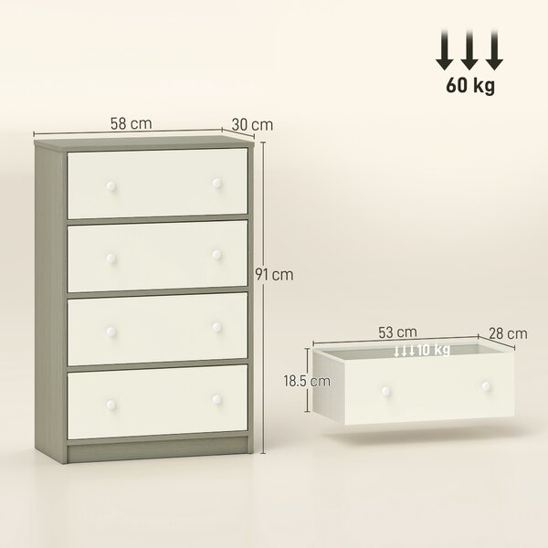 HOMCOM Armadio Moderno 4 Cassetti Pieghevoli con Maniglie Doppie, Credenza in Legno, Acciaio e Tessuto, 58x30x91 cm, Bianco e Grigio | Aosom Italy