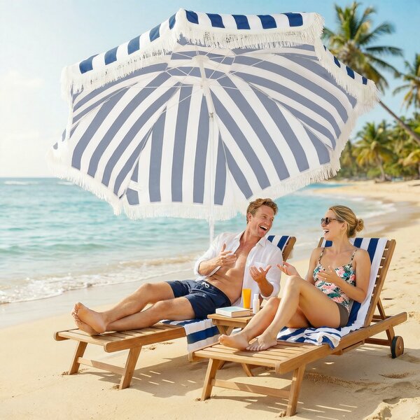 Outsunny Ombrellone spiaggia Ø180 cm con inclinazione 30°, Blu e Bianco | Aosom Italy