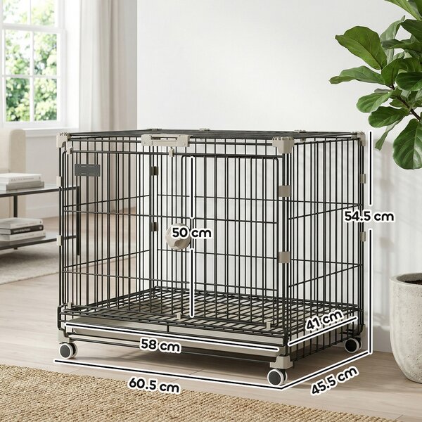 PawHut Gabbia cane pieghevole con ruote e vassoio, 60,5x45,5x54,5 cm, Nero | Aosom Italy