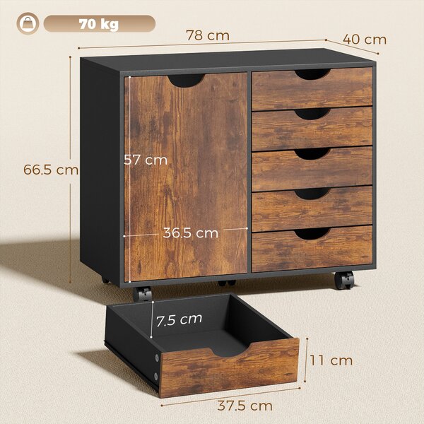 HOMCOM Mobile ufficio con 5 cassetti, anta, ruote e supporto stampante, 78x40x66,5 cm, Marrone | Aosom Italy