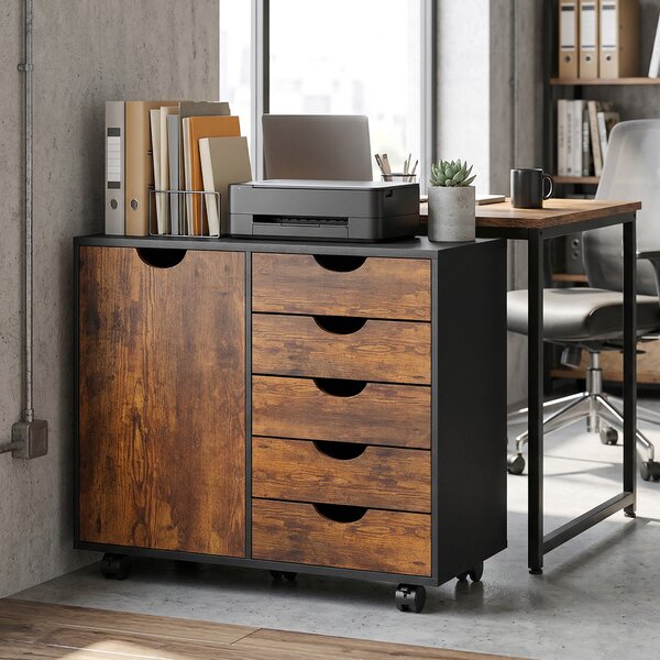 HOMCOM Mobile ufficio con 5 cassetti, anta, ruote e supporto stampante, 78x40x66,5 cm, Marrone | Aosom Italy