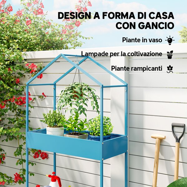 Outsunny Portavasi a 2 Livelli in Metallo a Forma di Casetta con Gancio, 75x35x150 cm, Blu Verde | Aosom Italy