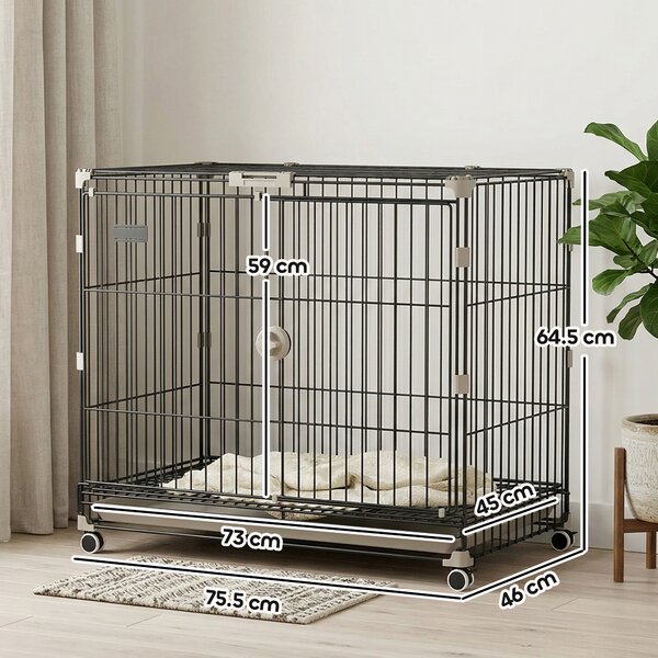 PawHut Gabbia cane pieghevole con ruote, vassoio e tetto apribile, 75,5x46x64,5 cm, Nero | Aosom Italy