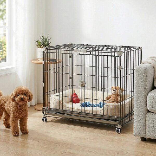 PawHut Gabbia cane pieghevole con ruote, vassoio e tetto apribile, 75,5x46x64,5 cm, Nero | Aosom Italy