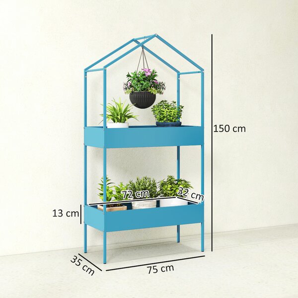 Outsunny Portavasi a 2 Livelli in Metallo a Forma di Casetta con Gancio, 75x35x150 cm, Blu Verde | Aosom Italy