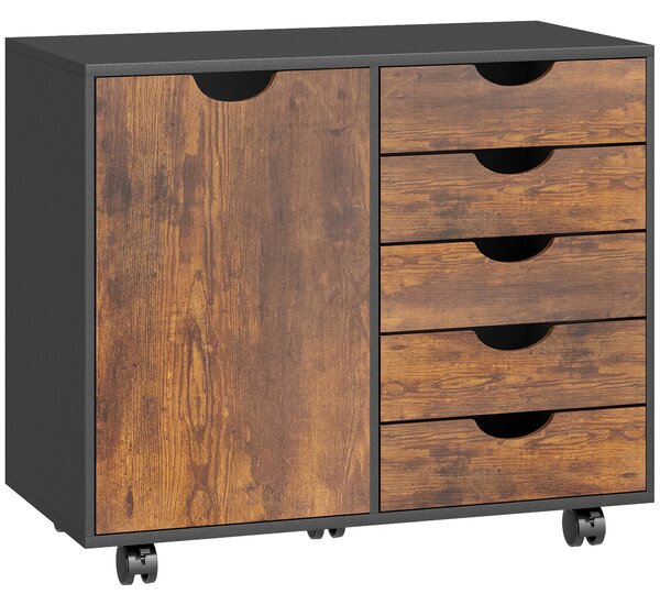 HOMCOM Mobile ufficio con 5 cassetti, anta, ruote e supporto stampante, 78x40x66,5 cm, Marrone | Aosom Italy