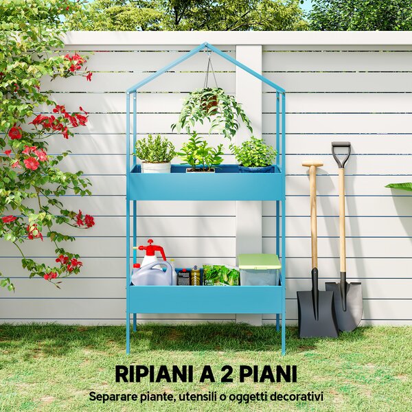 Outsunny Portavasi a 2 Livelli in Metallo a Forma di Casetta con Gancio, 75x35x150 cm, Blu Verde | Aosom Italy