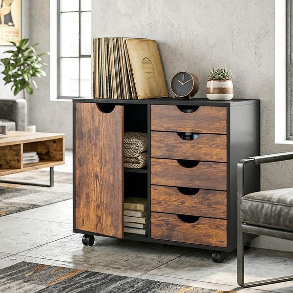 HOMCOM Mobile ufficio con 5 cassetti, anta, ruote e supporto stampante, 78x40x66,5 cm, Marrone | Aosom Italy