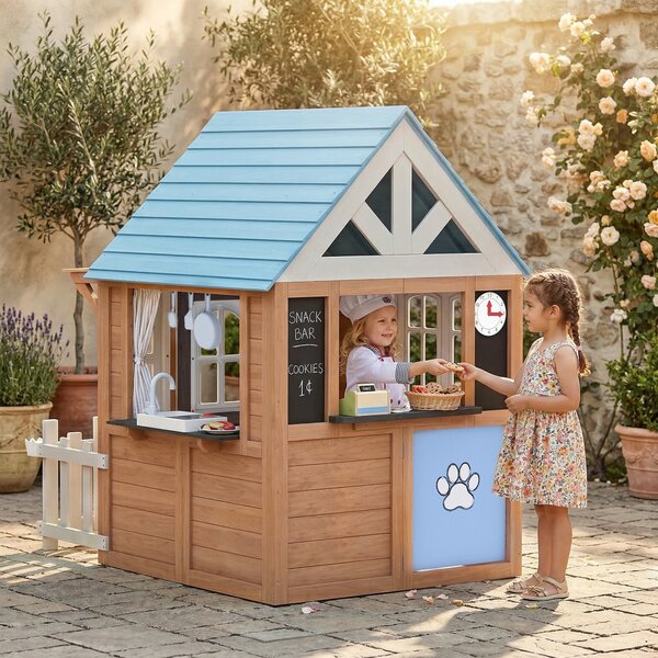 AIYAPLAY Casetta bambini legno con cucina e porticina animali, Marrone | Aosom Italy