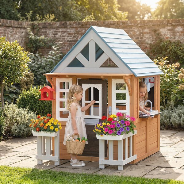 AIYAPLAY Casetta bambini legno con cucina e porticina animali, Marrone | Aosom Italy