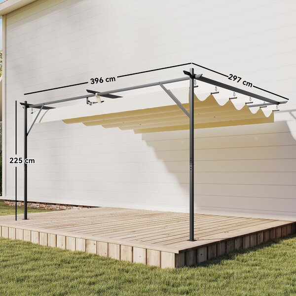 Outsunny Gazebo Pergola Addossata 3x4 m con Tetto Retrattile Scorrevole e Fori di Drenaggio, Bianco Crema | Aosom Italy