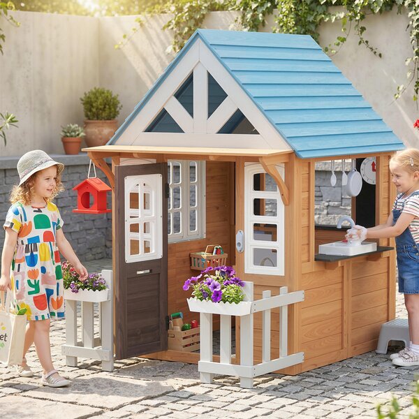 AIYAPLAY Casetta bambini legno con cucina e porticina animali, Marrone | Aosom Italy