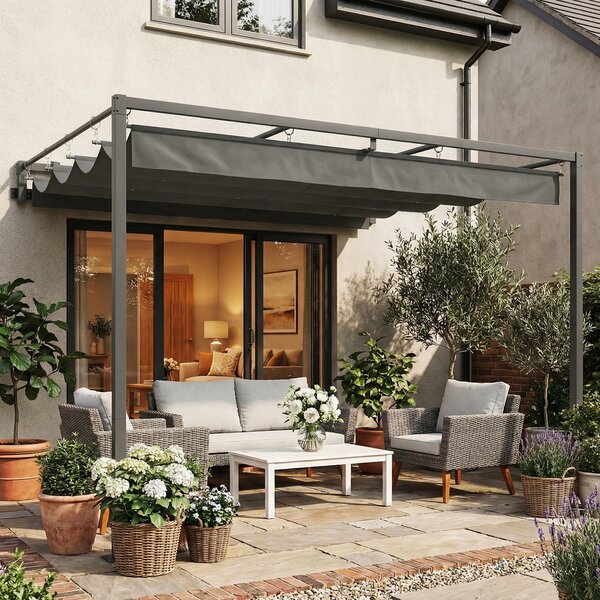 Pergola Addossata 3x3 m con Tetto Retrattile Scorrevole UV30+ e Fori di Drenaggio Grigio Scuro