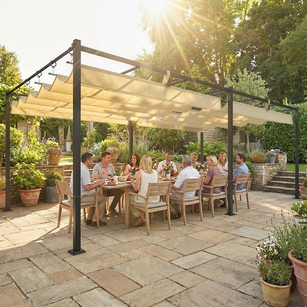 Pergola da Giardino 570x295 cm con Tettuccio Scorrevole UV50+ in Metallo Beige