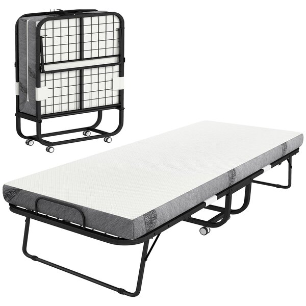 Letto Pieghevole Singolo 90x200 cm con Materasso Spesso 10 cm Rete in Metallo Nero