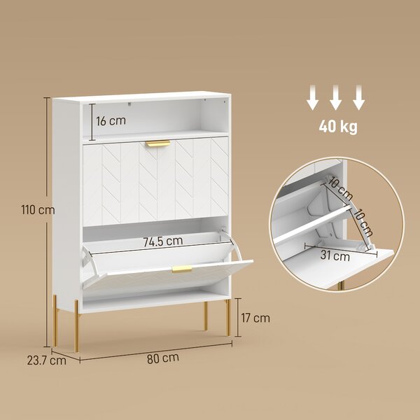 HOMCOM Scarpiera stretta 16 paia con 2 cassetti ribaltabili e vano aperto, Bianco | Aosom Italy