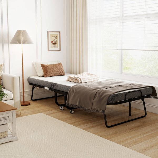 Letto Pieghevole Singolo 90x200 cm con Materasso Spesso 10 cm Rete in Metallo Nero