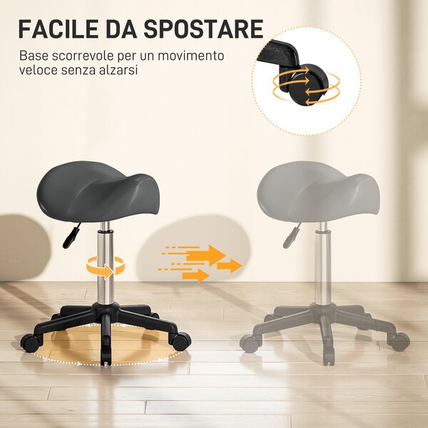 HOMCOM Sgabello Girevole a Sella con Ruote e Altezza Regolabile, Imbottito e Rivestito in Finta Pelle, Grigio | Aosom Italy