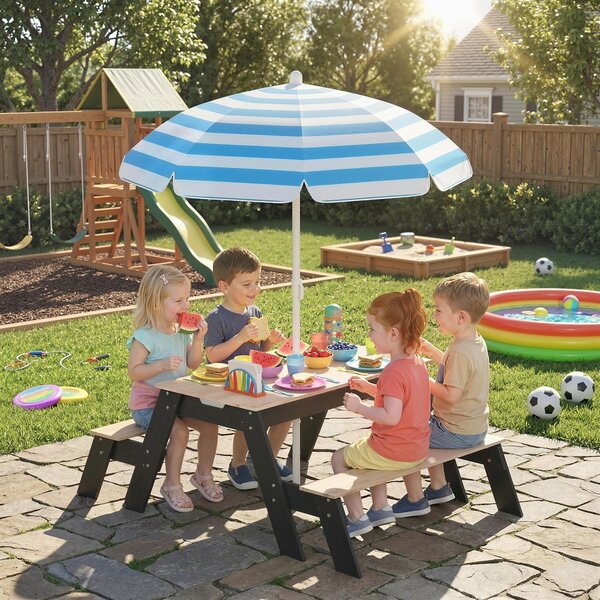 AIYAPLAY Tavolo picnic bambini 3 in 1 con ombrellone e contenitori, Legno naturale | Aosom Italy