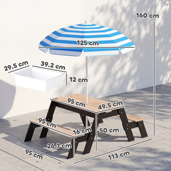 AIYAPLAY Tavolo picnic bambini 3 in 1 con ombrellone e contenitori, Legno naturale | Aosom Italy