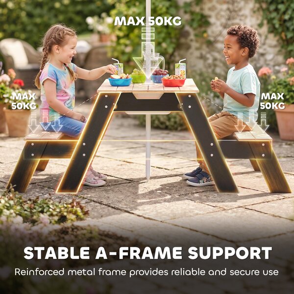 AIYAPLAY Tavolo picnic bambini 3 in 1 con ombrellone e contenitori, Legno naturale | Aosom Italy
