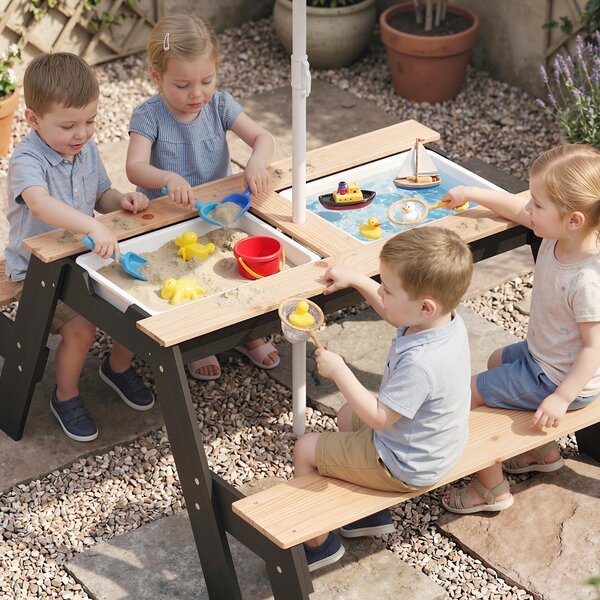 AIYAPLAY Tavolo picnic bambini 3 in 1 con ombrellone e contenitori, Legno naturale | Aosom Italy