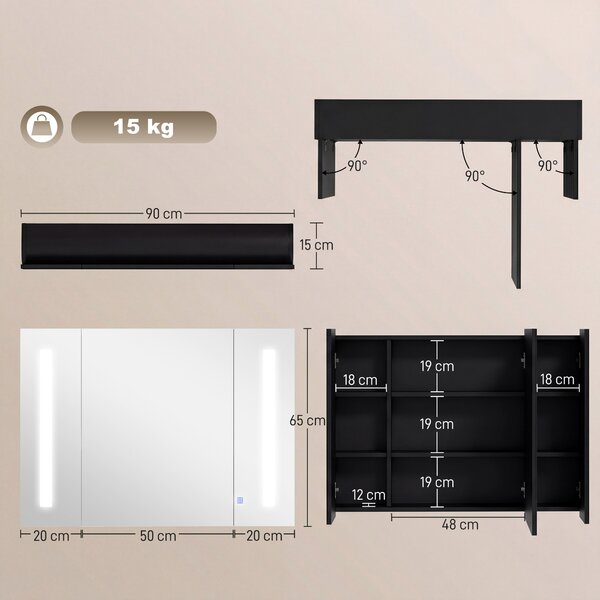 Kleankin Armadietto da Bagno con Specchio a Parete in MDF con 3 Armadietti e Luce LED, 90x15x65 cm, Design Elegante e Funzionale, Nero|Aosom