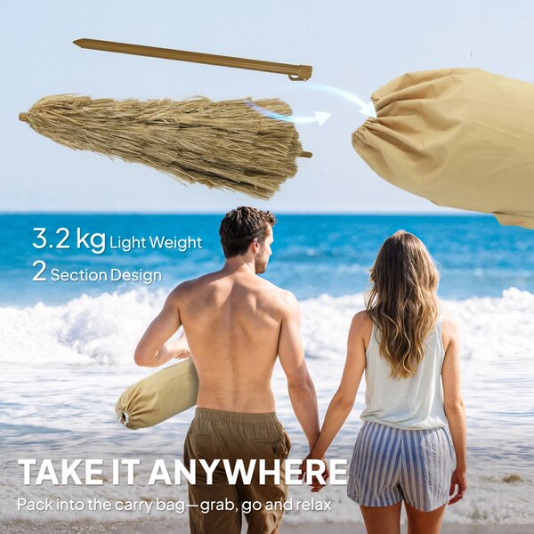 Outsunny Ombrellone spiaggia con frange Ø178 cm UPF50+ con borsa, Marrone chiaro | Aosom Italy