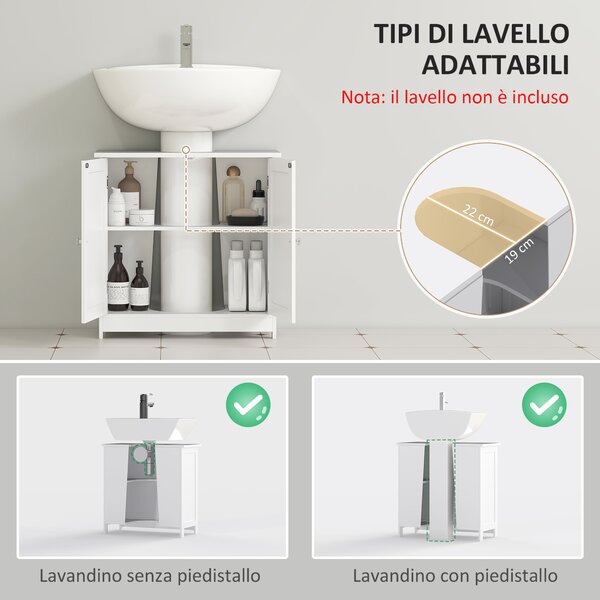 HOMCOM Amardietto Sottolavabo in MDF, Mobiletto Sottolavello Bianco per Bagno Con 2 Ante (60x30x60cm)|Aosom