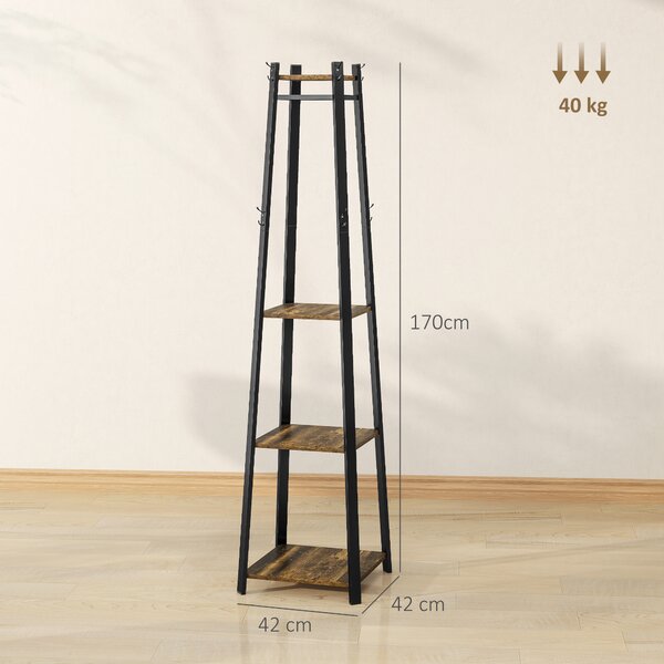 HOMCOM Appendiabiti da Terra con 8 Ganci, 3 Ripiani e Mensola Superiore, 34x34x170 cm, Marrone