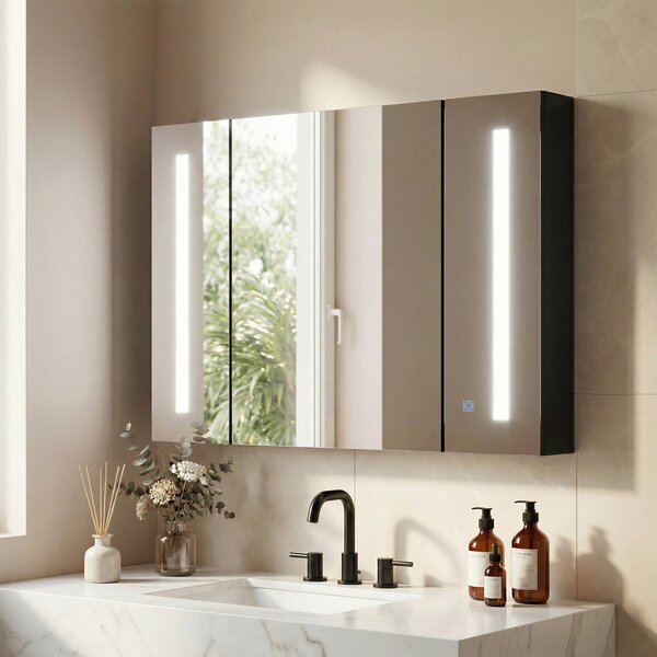 Kleankin Armadietto da Bagno con Specchio a Parete in MDF con 3 Armadietti e Luce LED, 90x15x65 cm, Design Elegante e Funzionale, Nero|Aosom