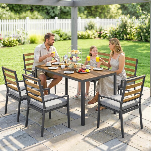 Outsunny Set giardino 7 pezzi con tavolo pranzo, 6 sedie e cuscini, Legno naturale | Aosom Italy