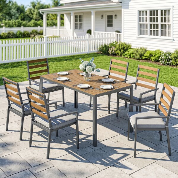 Outsunny Set giardino 7 pezzi con tavolo pranzo, 6 sedie e cuscini, Legno naturale | Aosom Italy