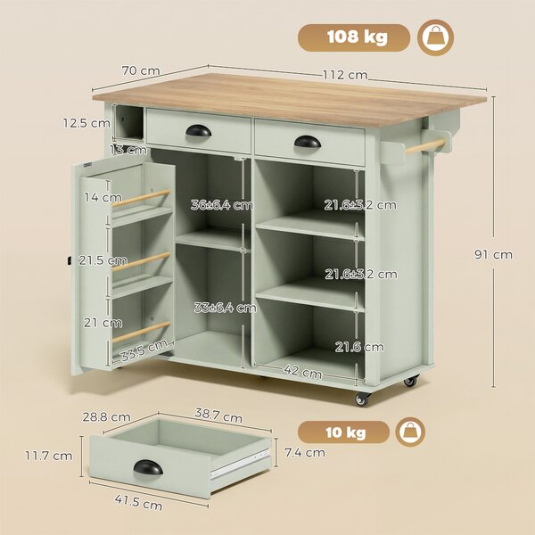 HOMCOM Isola cucina con piano pieghevole, 2 cassetti e portasciugamani, Verde | Aosom Italy