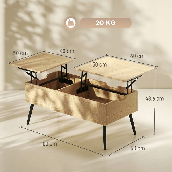 HOMCOM Tavolino sollevabile doppio piano con vano nascosto e piedi metallo, Legno naturale | Aosom Italy